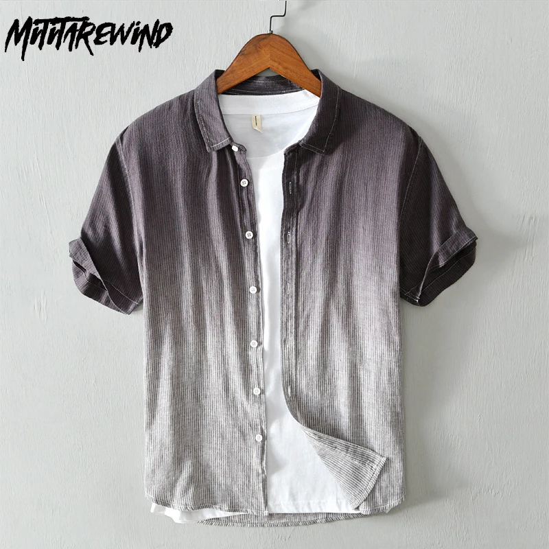 

Summer New in Shirt Men Outdoor Casual Shirts Striped Cotton Linen Short Sleeve Gradient Shirt Male Trend Comfortable Tops M-3XL