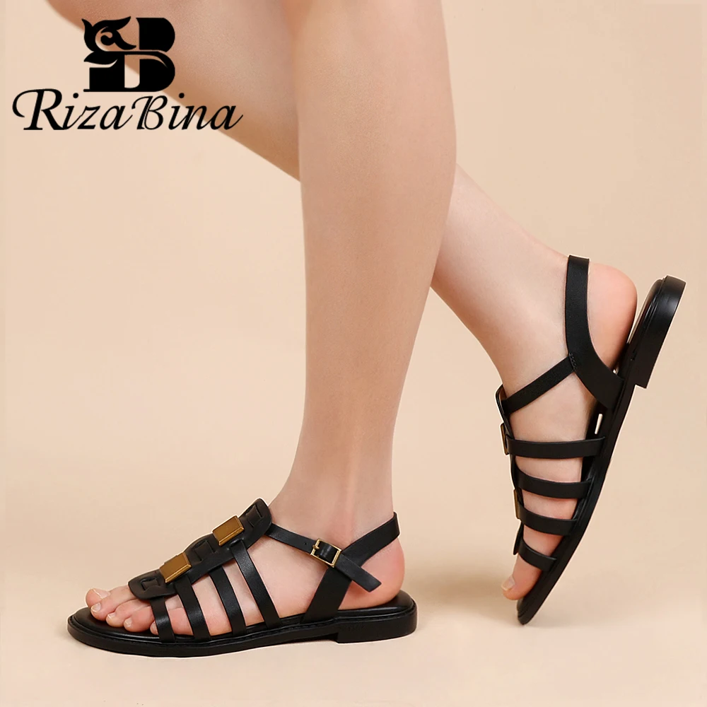 

RIZABINA Women Flat Sandals Open Toe Roman Hollow Weave Shoes Ladies Retro Metal Buckle Low Heel Summer Beach Sandals Size 36-41