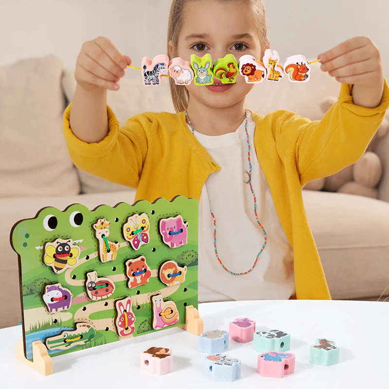 2-in-1 Montessori Wooden Bead String Game Rope Threading Toy Shape