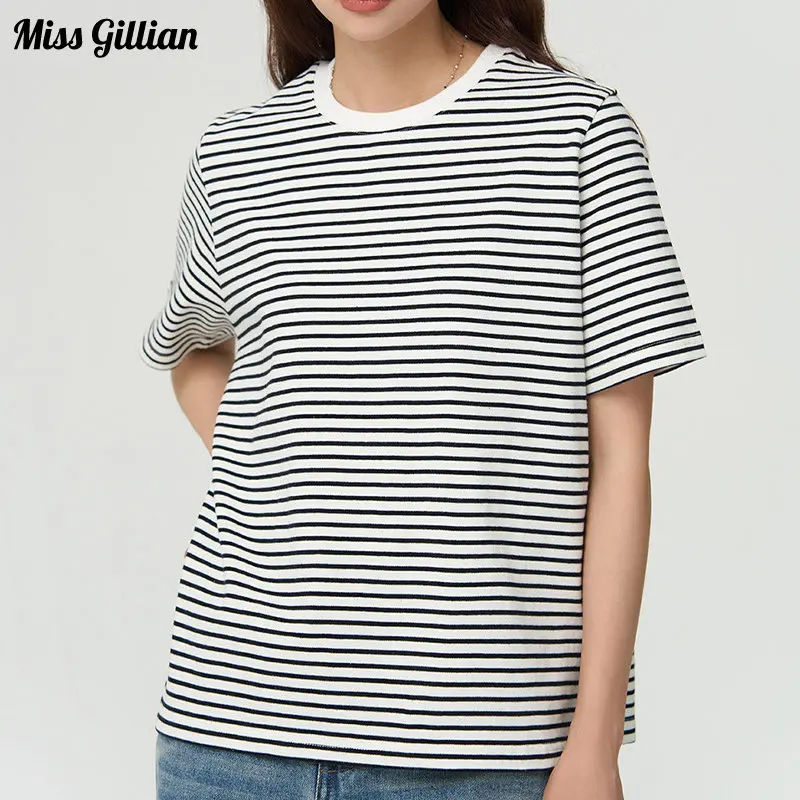 

Cotton T-shirts Women Casual Stripes Tops Summer 2023 Fashion Short Sleeve Basic Tees Female Clothing Korean Style Loose T Shirt