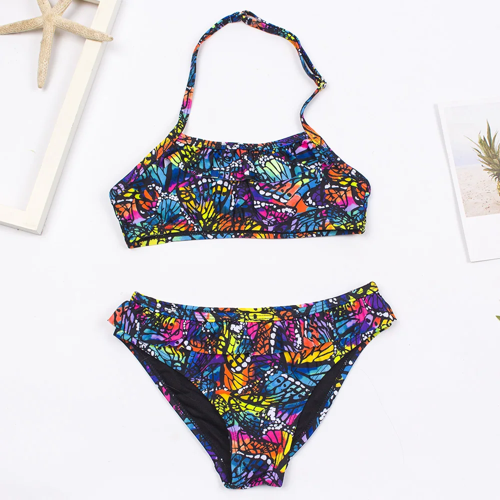 girls swimsuit 7-14 years falbala leopard print girls kids swimsuit swimwear kid summer bikinis set children halter biquini swimming suit