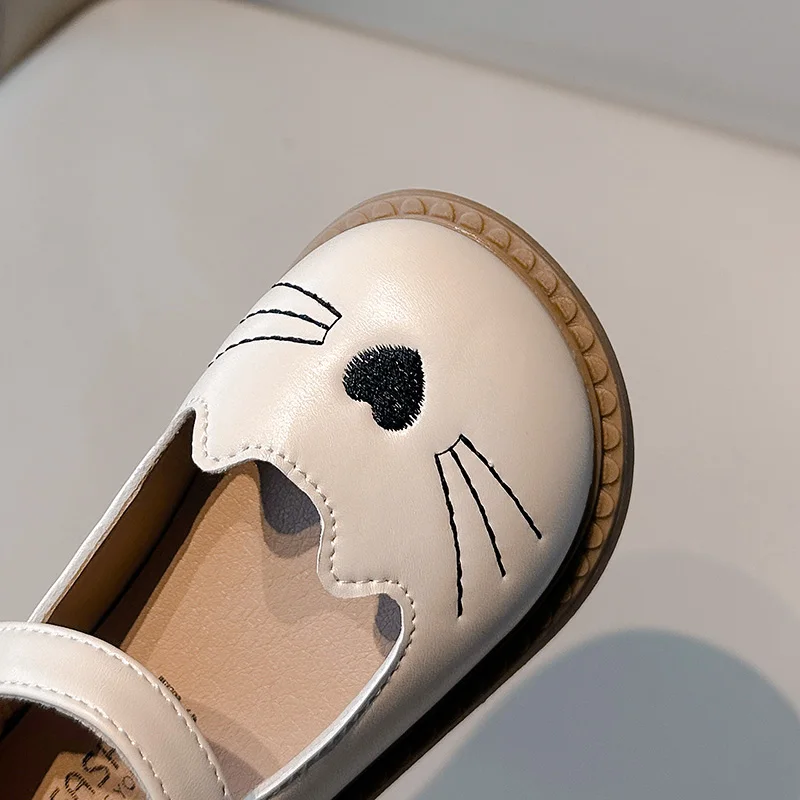 Toddler Girl's Leather Shoes Cat Cartoon Lovely Black Beige Kids Flat Shoe Pu Leather Chic Hook-loop Soft Children Mary Janes 5