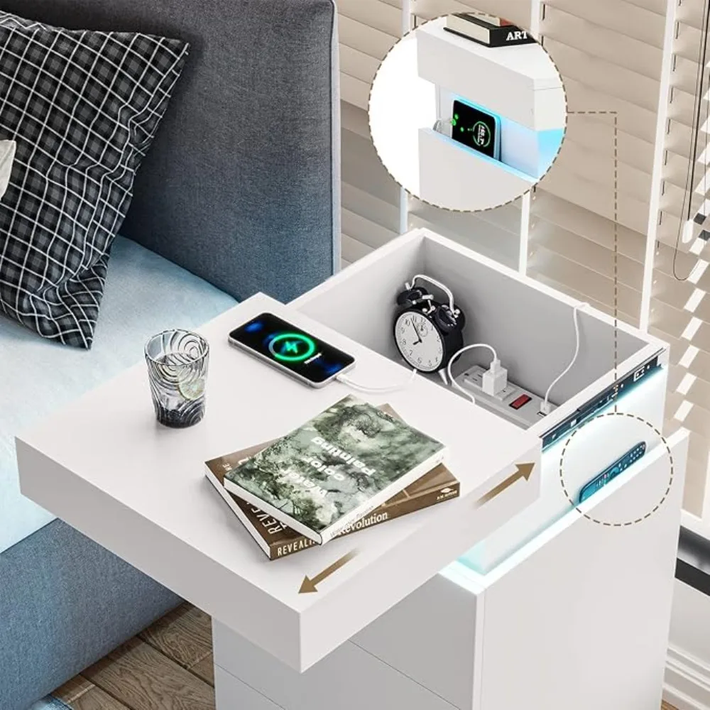 Nightstand with Charging Station and LED Lights,Night Stand with Sliding Top for Bedroom,Bedside Table with Drawers 3