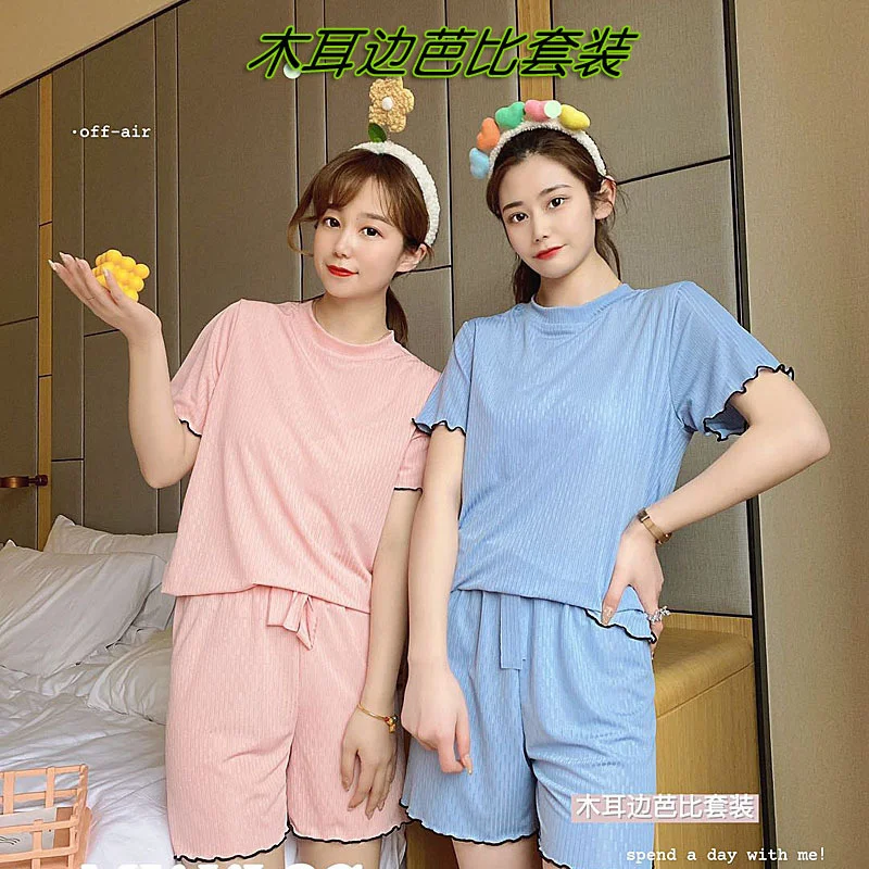 Summer new sweet 2021 lace short sleeve two piece housewear pajamas