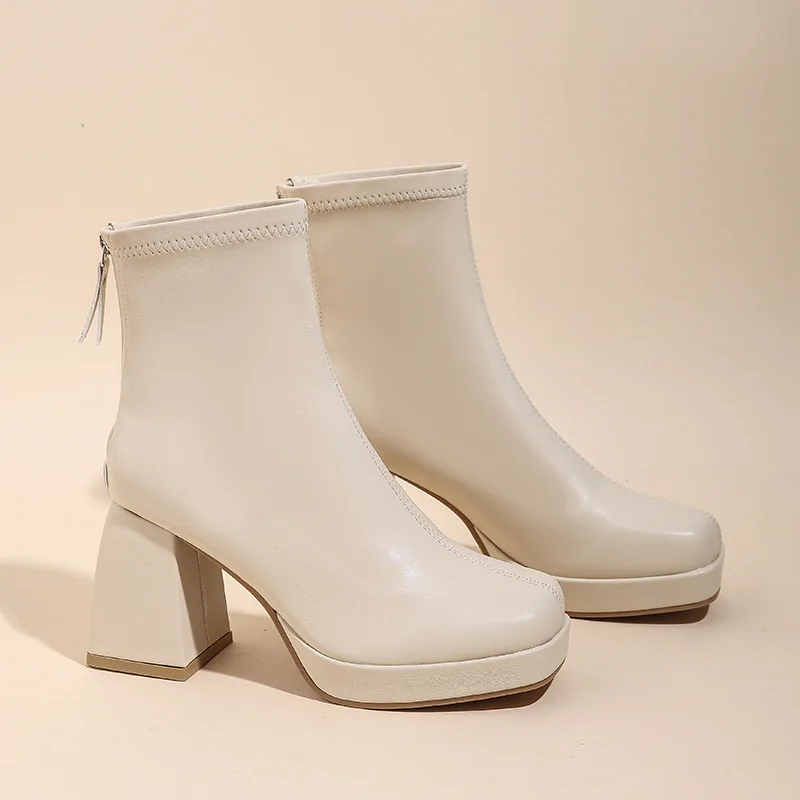 Luxury Women Boots Leather Square High Heel Ankle Boots Round Toe Winter Shoes Woman Comfort Fashion Platform Zipper Boots Black