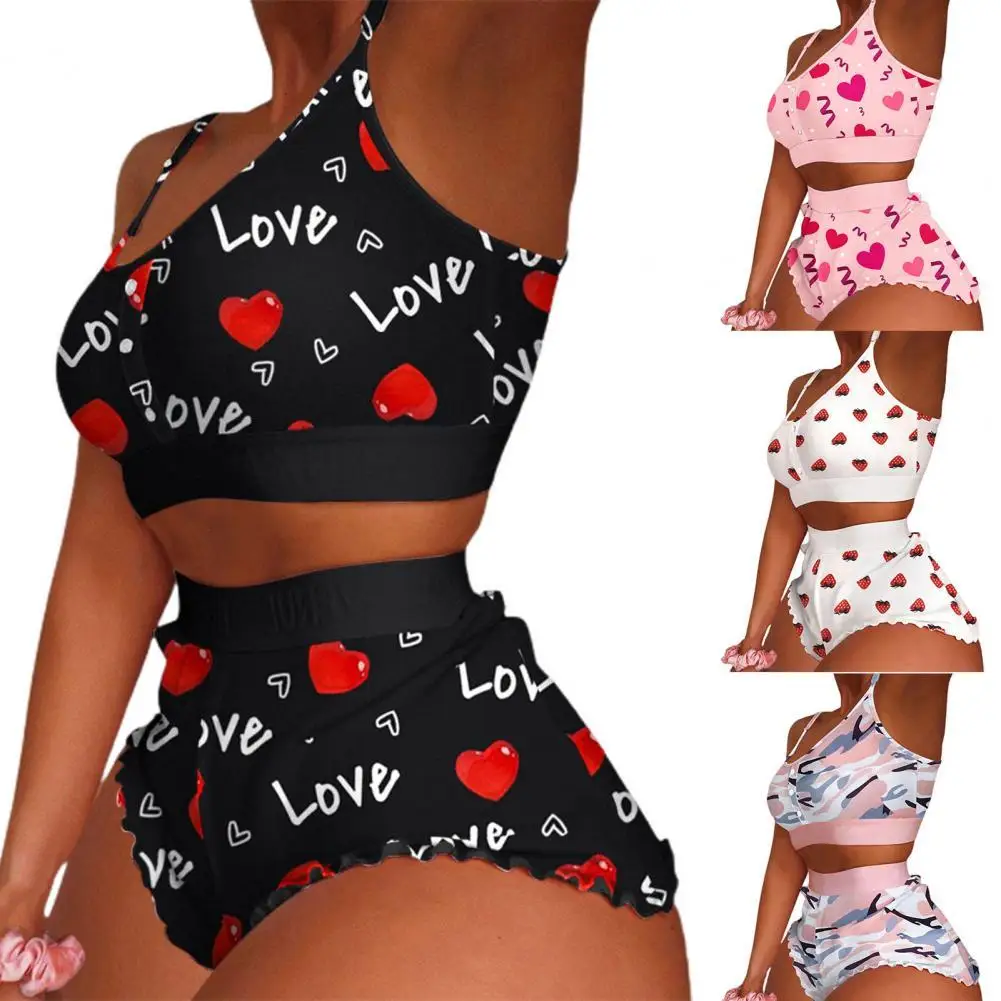 

2Pcs/Set Vest Style High Waist Lady Beach Outfit Elastic Waistband Sweet Heart Print Top Shorts Bikini Set for Water Activity