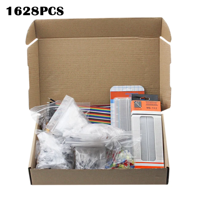 Electronic Component Package 1628PCS, Breadboard, Resistors Capacitor Diode, Dupont Wire, PCB Board, Transistor Kit