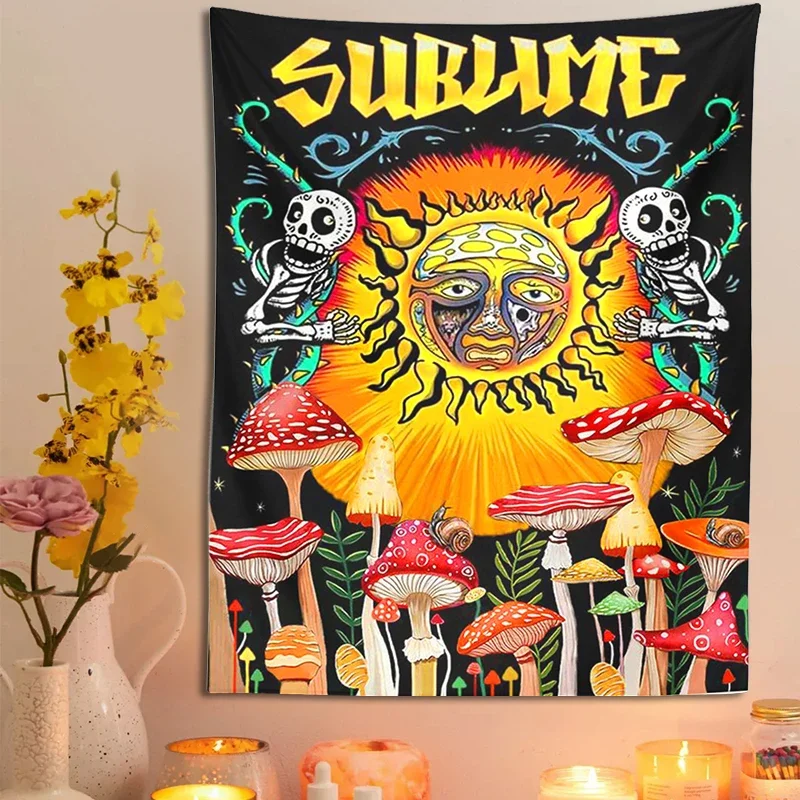 Psychedelic Mushroom Tapestry Wall Hanging Sun Cactus Sublime plant Hippie Vertical Tapestry Home Decor Bedspread Beach Shawl for tapestry decorations