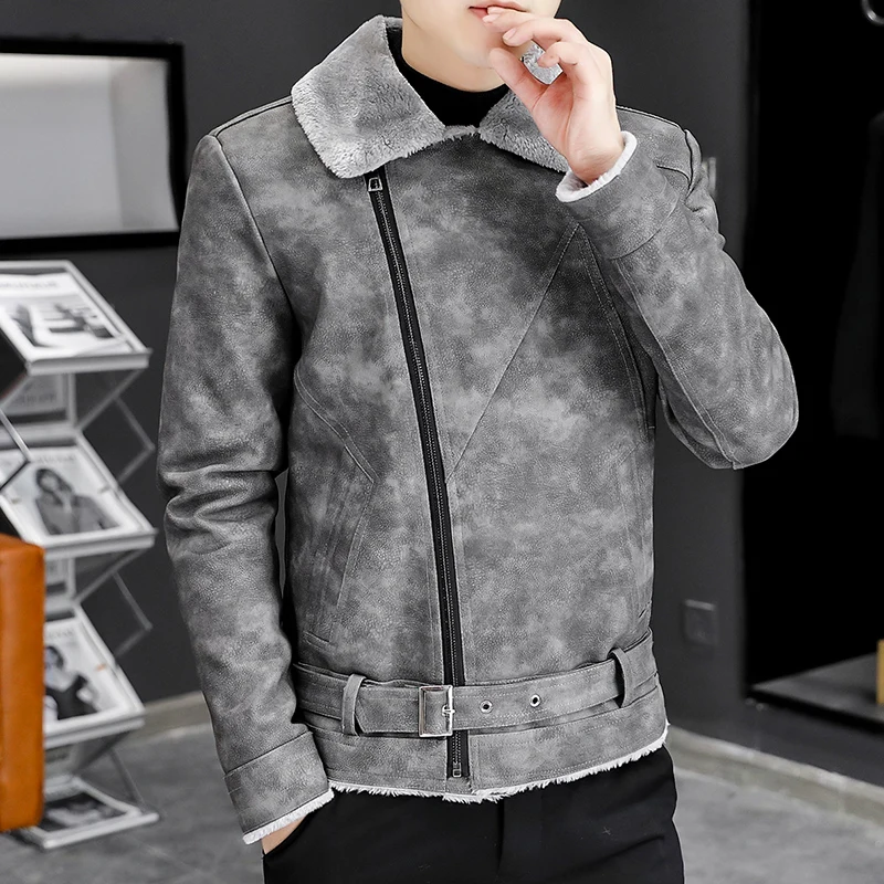 【mnem】Gody Fur Collar Padded Leather Jumper JEsilunmaMY Men's Fur Collar Fleece Leather Jacket Zip-Up