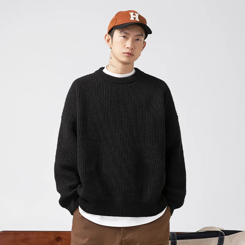 Heavyweight Thick Needle Pit Stripe Texture Sweater Solid Loose Round Neck Knit Jersey Coat man clothes 3