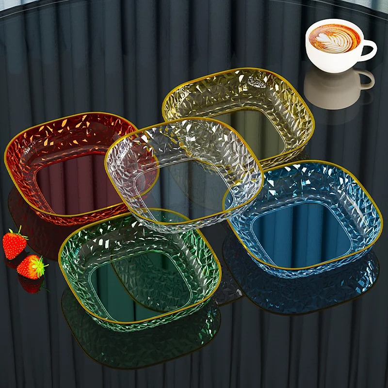 Fashion Fruit Plate Living Room Salad Plate Plastic Tray Home Decoration Golden Edge Stackable Snacks Serving Platter 4pcs/set