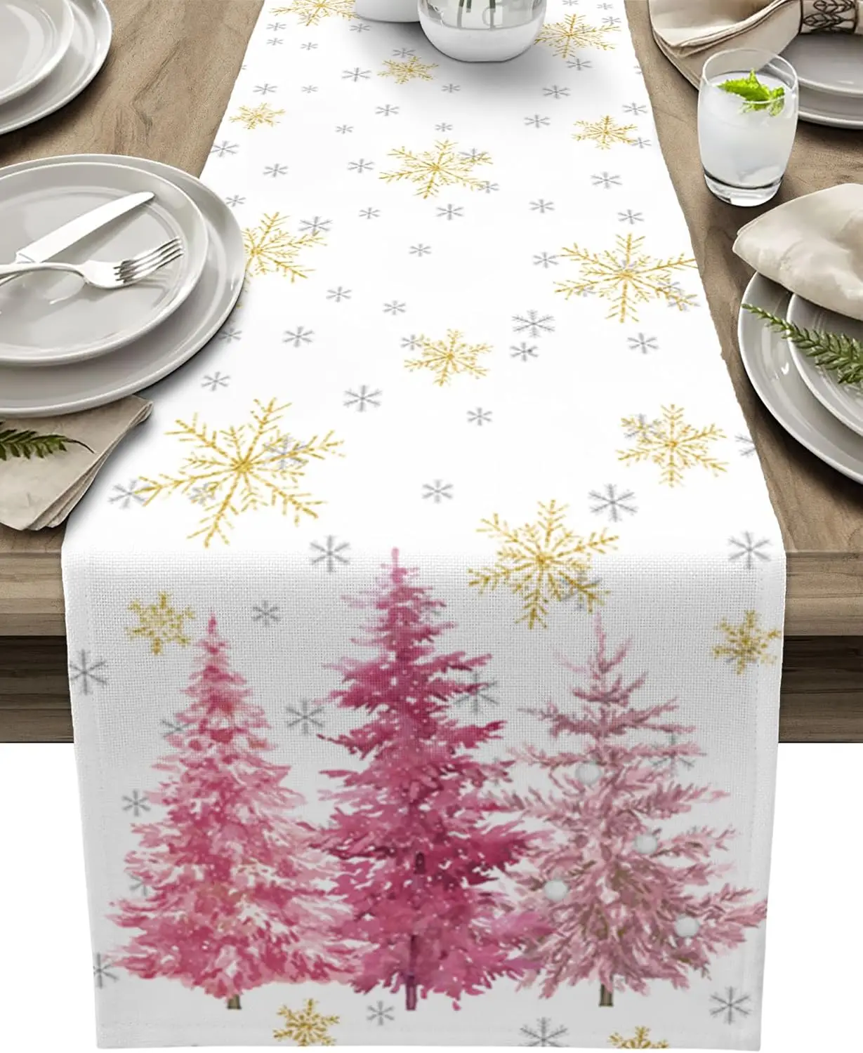 Christmas Pink Pine Tree Linen Table Runner Dresser Scarves Winter Xms Gold Snowflake Kitchen Table Runner Christmas Decorations