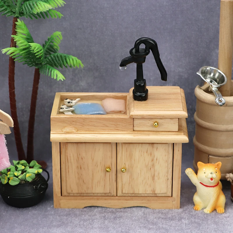 

1:12 Dollhouse Miniature Wood Bathroom Sink Cupboard Kitchen Wash Basin Drawer Furniture Model Decor For Doll House Accessories