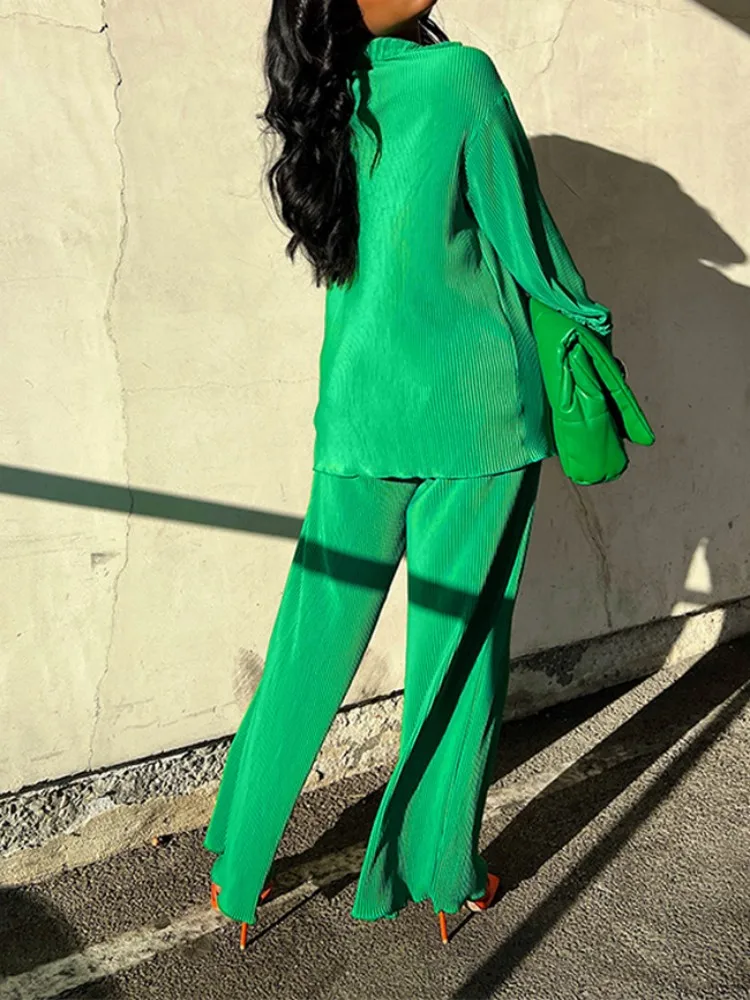 QFAF Fashion Pleated Women's Set Long Sleeve Oversized Shirt and Wide Leg Pants 2023 Elegant Tracksuit Two 2 Piece Set Outfits 2