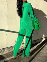 QFAF Fashion Pleated Women's Set Long Sleeve Oversized Shirt and Wide Leg Pants 2023 Elegant Tracksuit Two 2 Piece Set Outfits 2