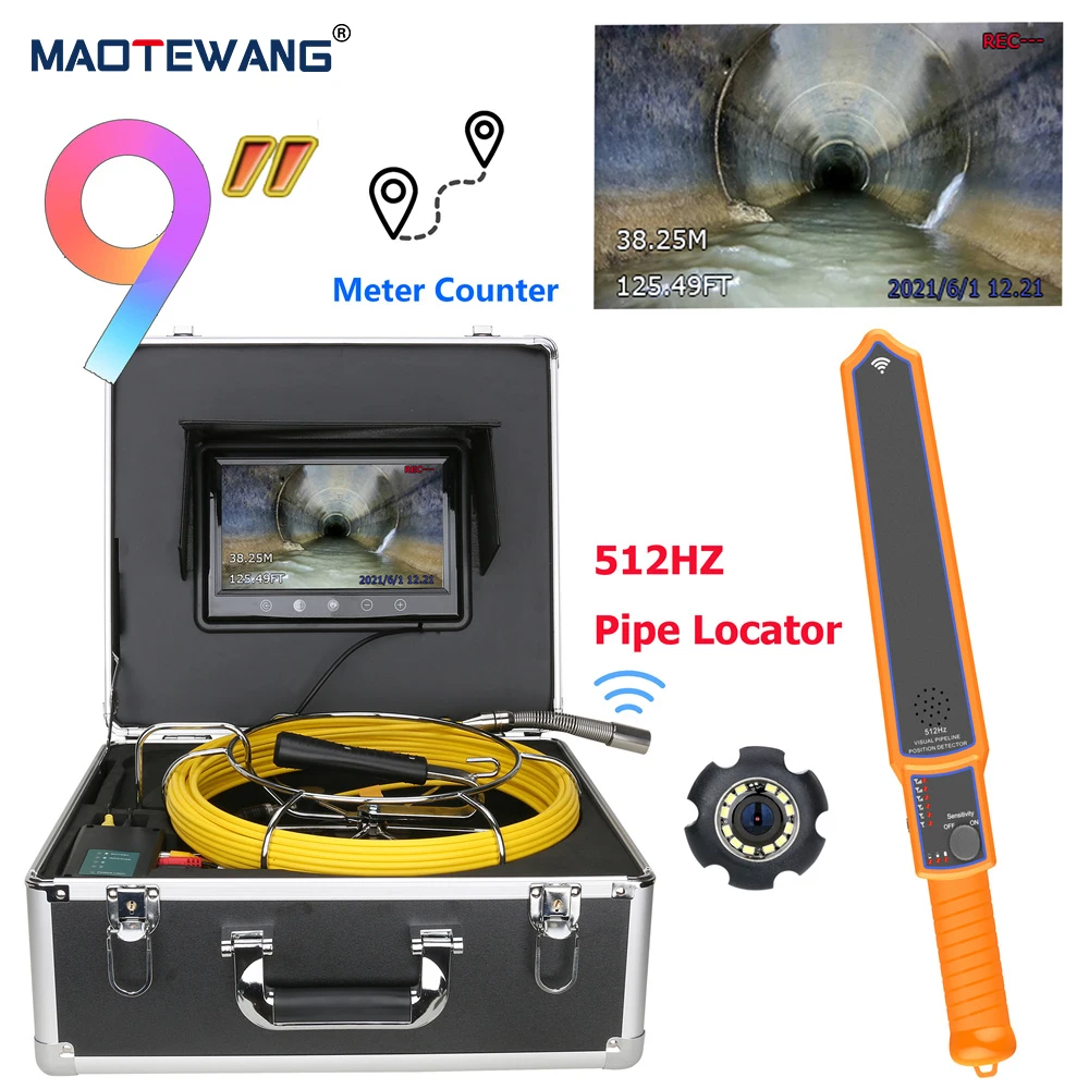 

9"Sewer Pipe Inspection Video Camera with Meter Counter 512HZ Pipe Locator 22MM IP68 HD 1000TVL Industrial Endoscope System