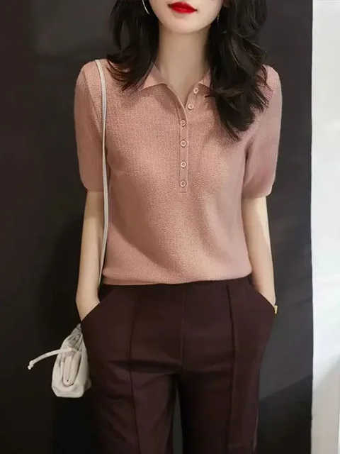 Polo Neck Shirt For Women Plain Button Woman T Slim Women's Clothing Trend 2025 High Quality On Offer Wholesale Youth Korean