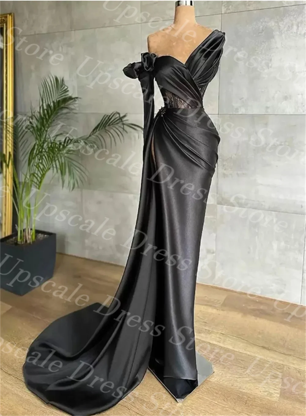 

Vintage Prom Dresses Evening Gown Trumpet Formal Satin Custom Zipper Lace Up Plus Size New Pleat Long Sleeve Lace Black Dresses