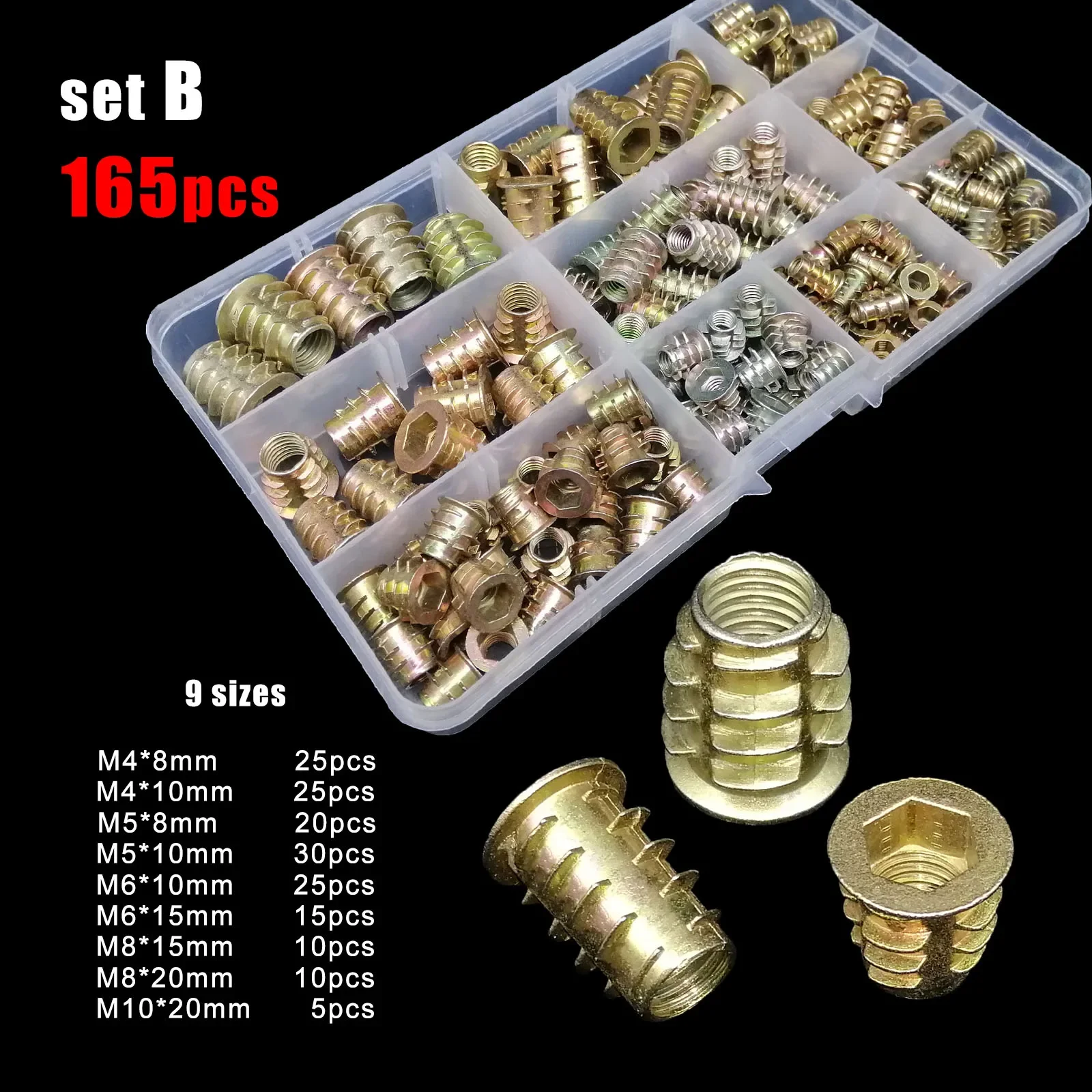M4 M5 M6 M8 M10 Metal Hexagon Hex Socket Allen Head Embedded Insert Nut E-Nut Assortment Set Kit Box 165pc for Wood Furniture hexagon nuts