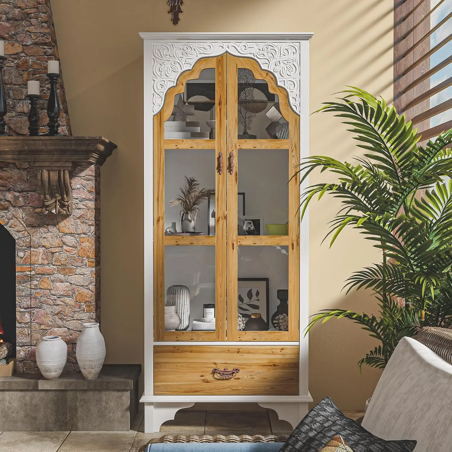 Modern 3-Tier Storage Cabinet Bookshelf with Carved Doors, Multi-Purpose Storage Cabinet with Drawer & Shelves