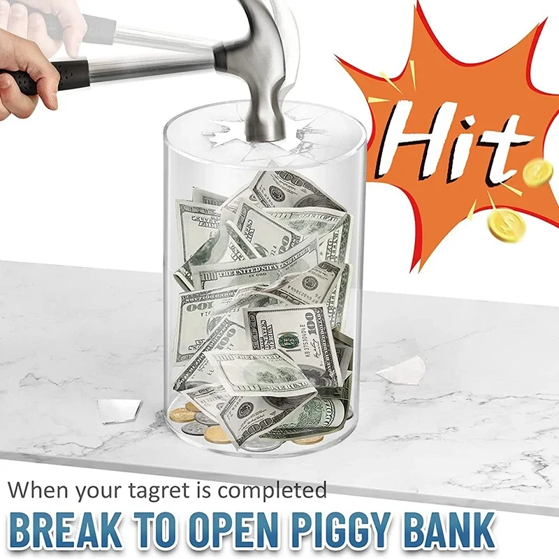 Piggy Bank for Adults Must Break to Open Acrylic Clear Piggy Bank Money Saving Box for Cash Saving Real Money Coin