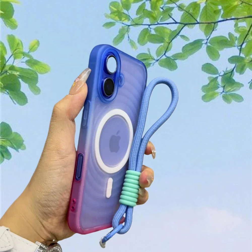 Luxury Gradient Matte Translucent Phone Case with Lanyard - Water Ripple Design