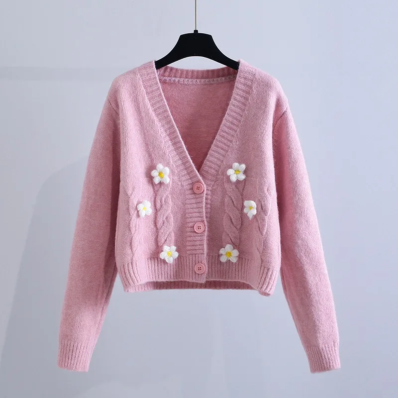 

Женский шерстяной кардиган с длинным рукавом, Свободный укороченный трикотажный кардиган с цветочным принтом в Корейском стиле, модель 2023 на осень и зиму, 28392