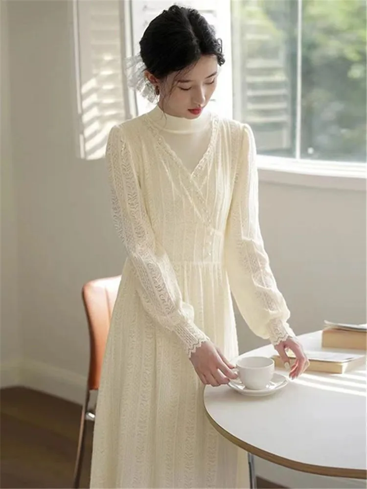 

Женское платье с длинным рукавом, однотонное платье-трапеция абрикосового цвета с кружевом и вышивкой бисером, с высоким воротником, модель M375 на весну и осень