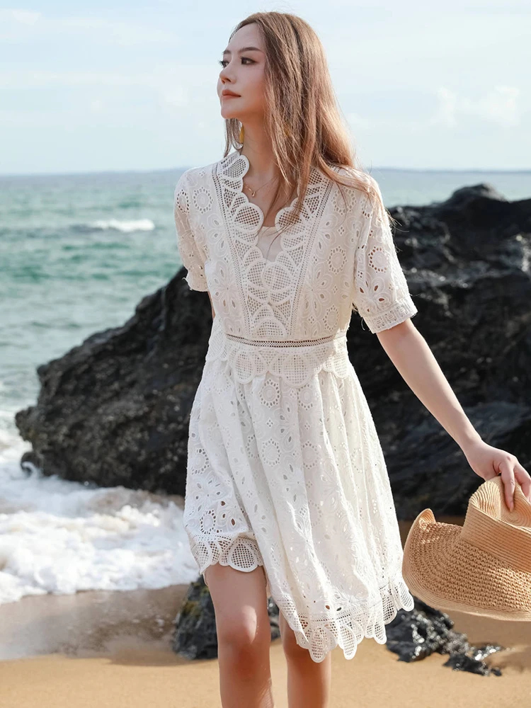 

Jastie 2023 French Lace Embroidery Mini Dress Casual Vacation Seaside White Beach Dress Luxurious Design V-Neck Women's Dress