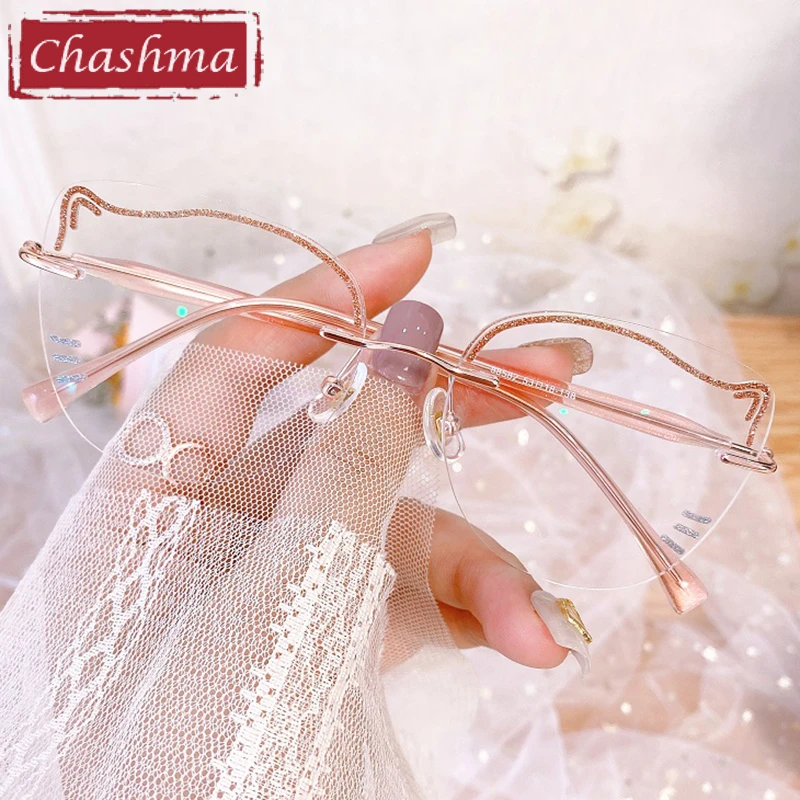 Cat Eye Girl Prescription Glasses Women Cute Rimless Frame For Rx