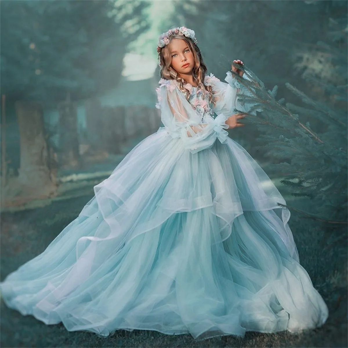 

Princess Flower Girl Dresses For Wedding Applique Lace Tulle Full Sleeves First Communion Gowns Birthday Party Prom Ball Wear
