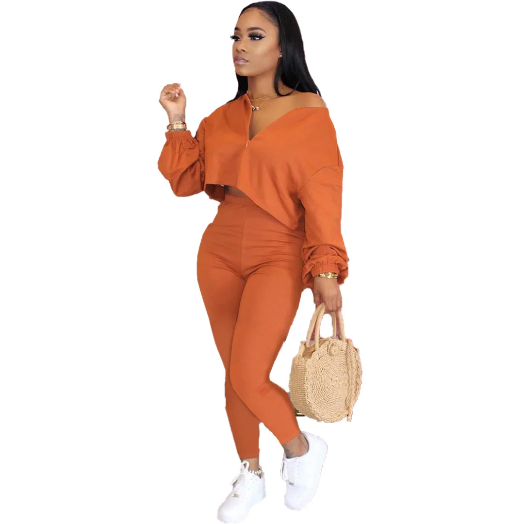 Women Autumn Solid Color Temperament Sexy Casual Sports Suit Two-Piece Long Sleeve Trousers Commuter Suit