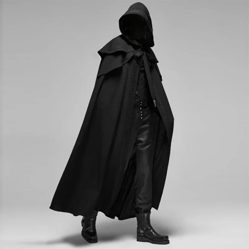 中世ヴィンテージフード付きルーズ黒マントコート防風トレンチ