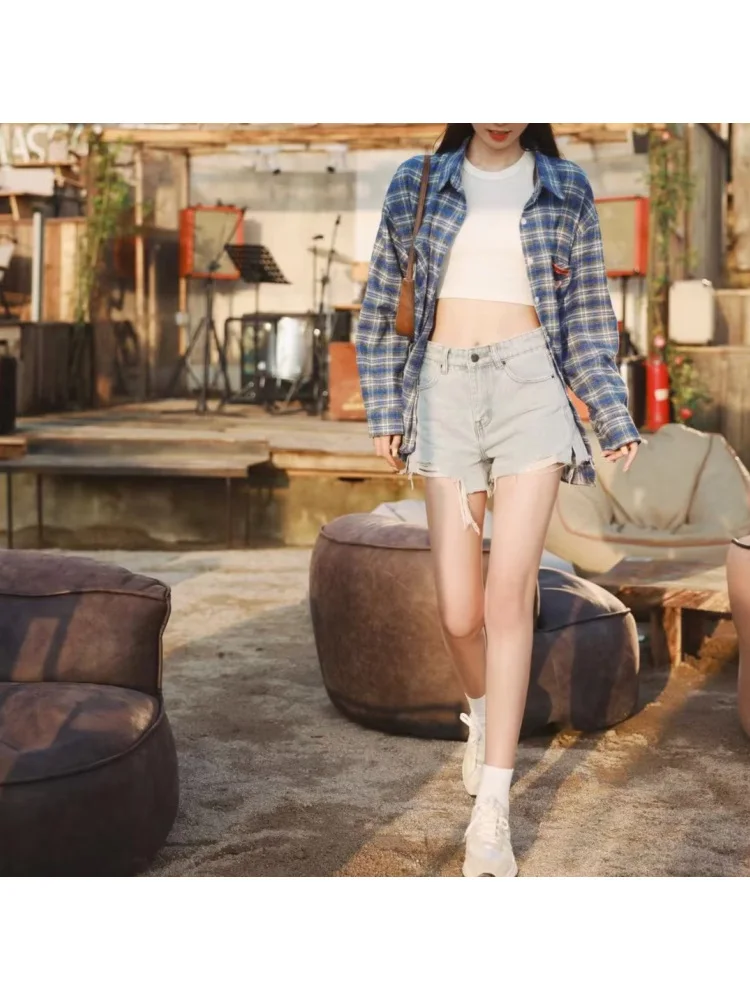 

Повседневная женская синяя винтажная клетчатая рубашка 2022, летняя модная женская трикотажная рубашка с длинным рукавом и отложным воротником на пуговицах