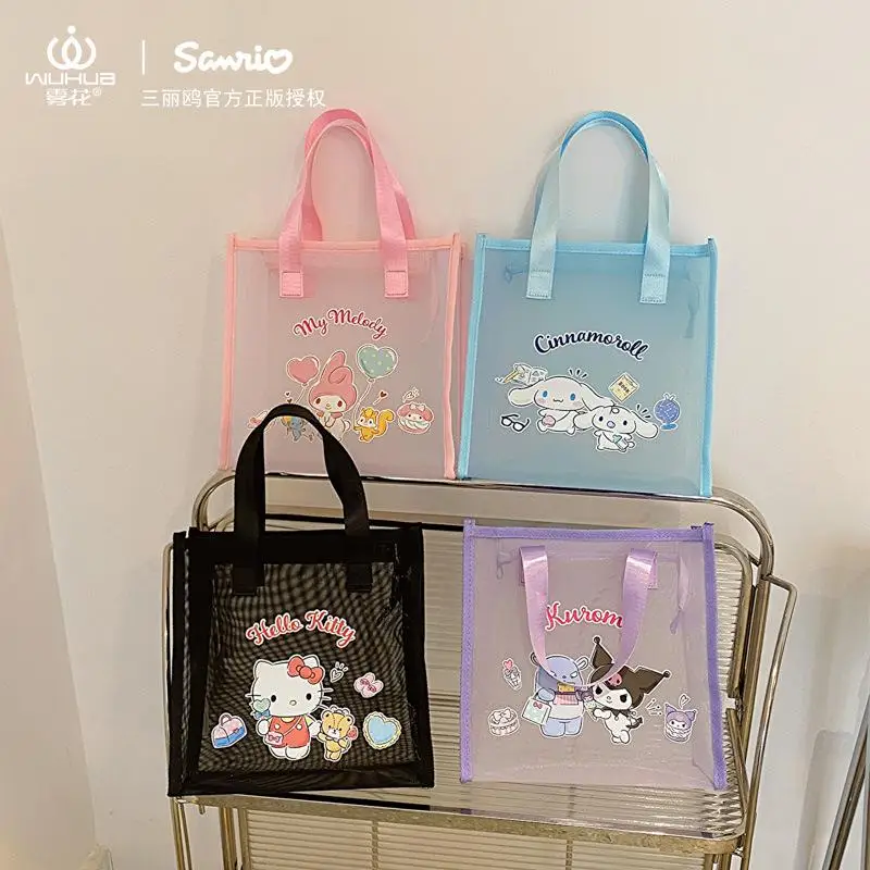 

New Sanrio Kawaii Anime Handbag Cute Cartoon Kuromi New Mesh Transparent Handheld Makeup Bag Washing Bag Women Bag Girl Gift