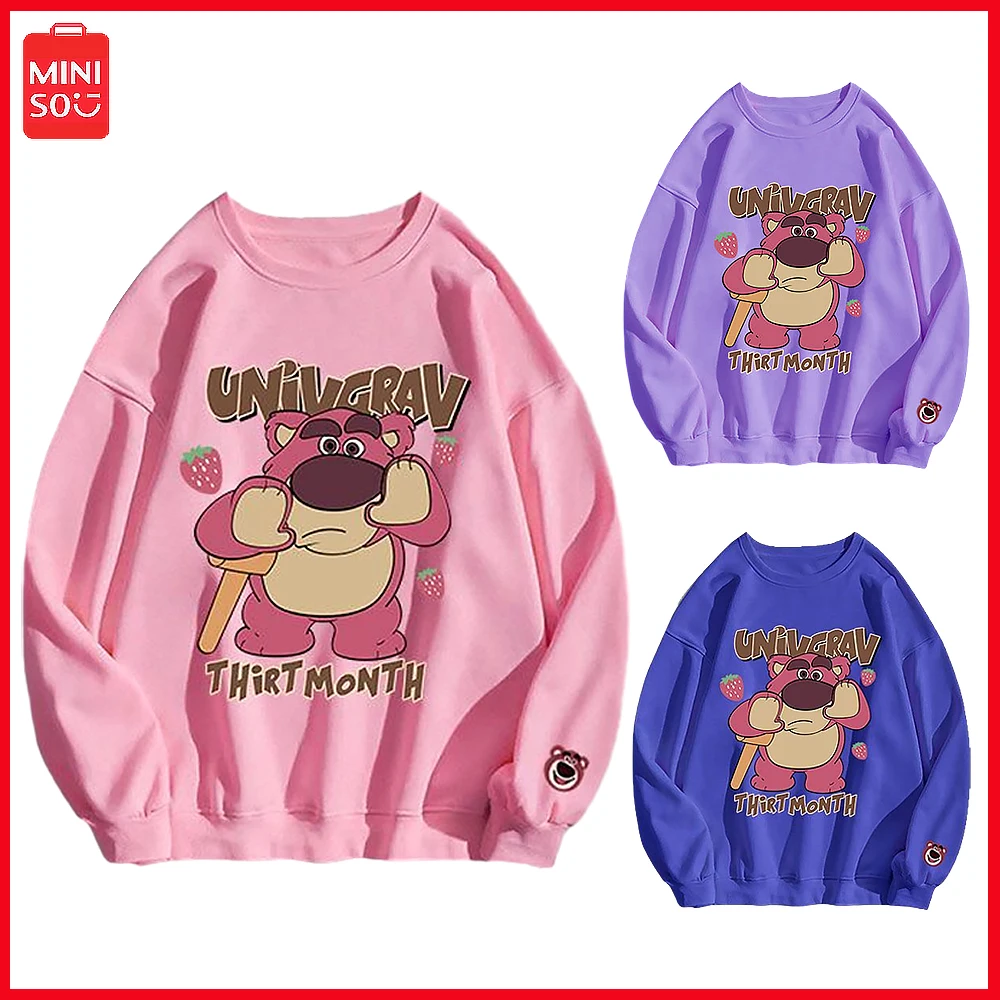 

Miniso Lotso Cartoon Printed Crewneck Hoodie Student Jacket Loose Long Sleeve Plus Velvet Warm Top for Men Women Autumn Winter