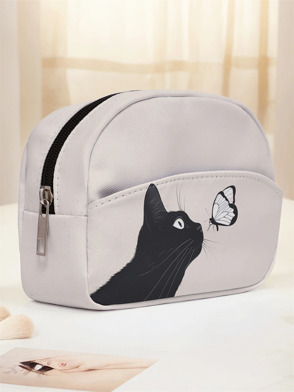 Cute cat pattern printed makeup bag, multi pocket design, portable toiletry bag, lightweight, suitable for travel and outings