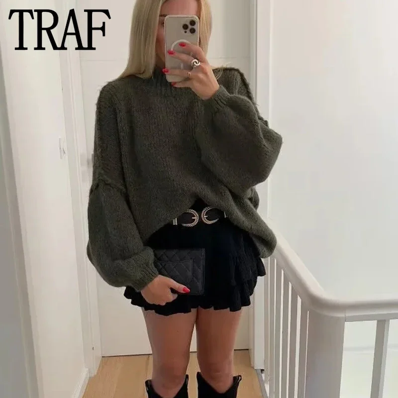 TRAF Oversize Sweater Woman Vintage Knitted Sweater Women Long Sleeve Autumn Knit Top Streetwear Winter Jersey Woman Pullover