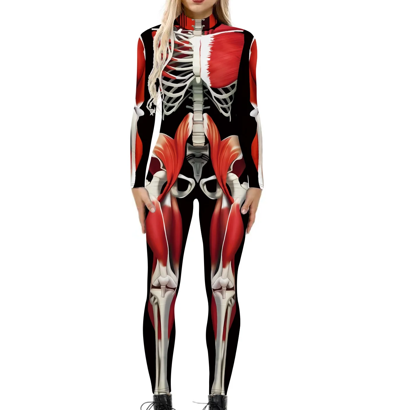 Halloween Horror Party Makeup Novelty White Bone Muscle Tissue Skeleton Skeleton Ball 3D Digital Printing Jumpsuit