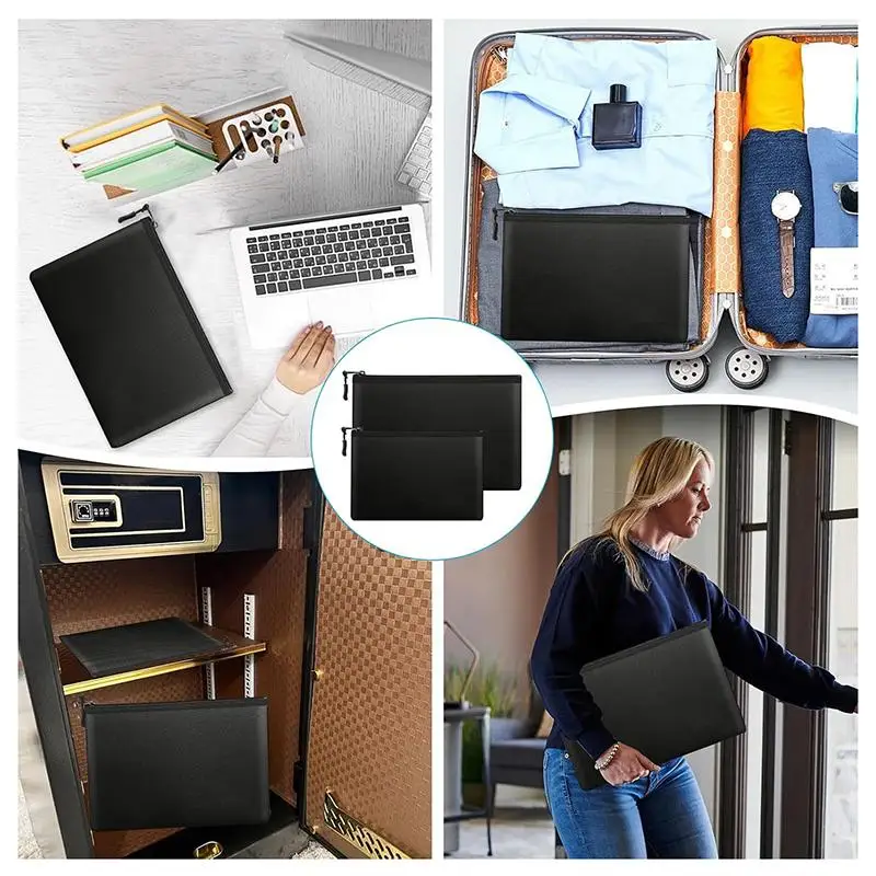 1PC 소형 ID 카드 보관 가방 증명서, 머니 카드용 지퍼가 있는 다중 크기 내화 및 방수 기능 블랙 실버