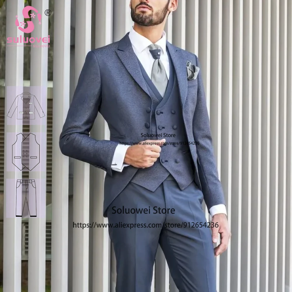 

Fashion Casual Slim Fit Suits For Men Wedding Grooms 3 Piece Pants Set Formal Dinner Party Peaked Lapel Tuxedos Blazer Masculino