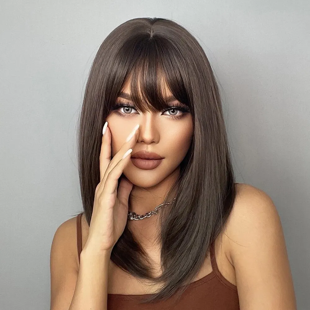 Brown Straight Wigs With Bangs For Black Women Shoulder Length Bob With Dark Roots For Girl Daily Use Cosplay