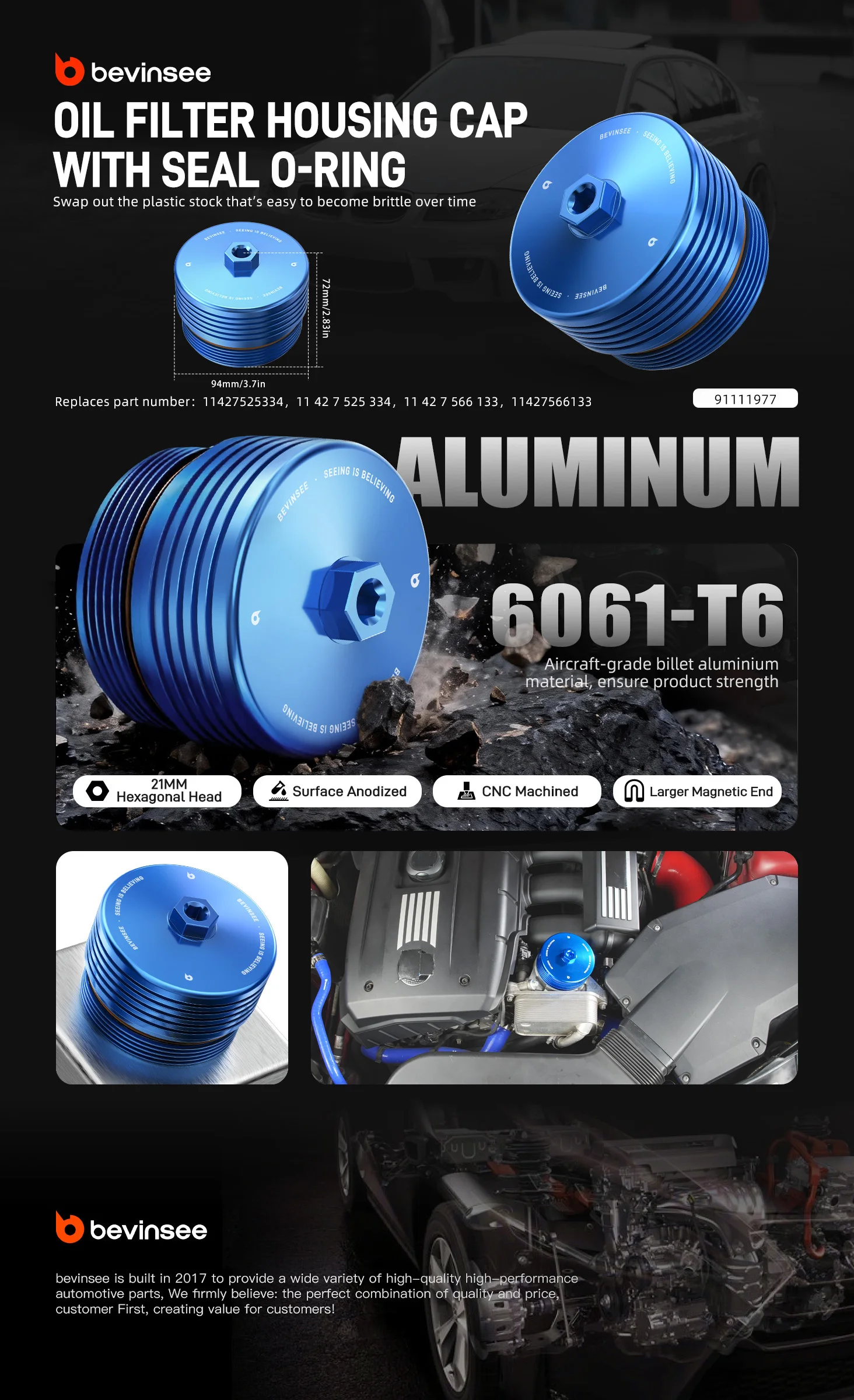 BEVINSEE Aluminium Ölfiltergehäusedeckel für BMW F30 F32 F80 F82 E90 E92 F10 F20 F22 F87 E82 E60 F25 E70 E71 E84 N55 N54 N52 S55 – Detail 4