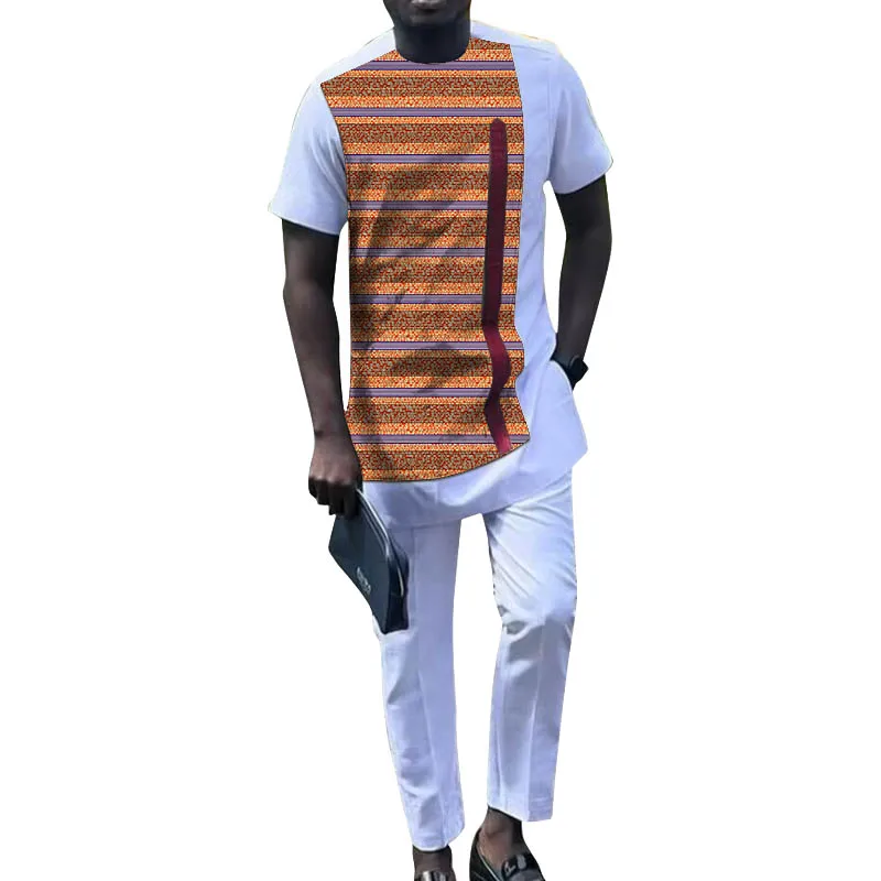 Short Sleeve Shirt Sets White Men's Groom Suit Male Patchwork Top+Solid Pant African Wedding Occasion's Outfits