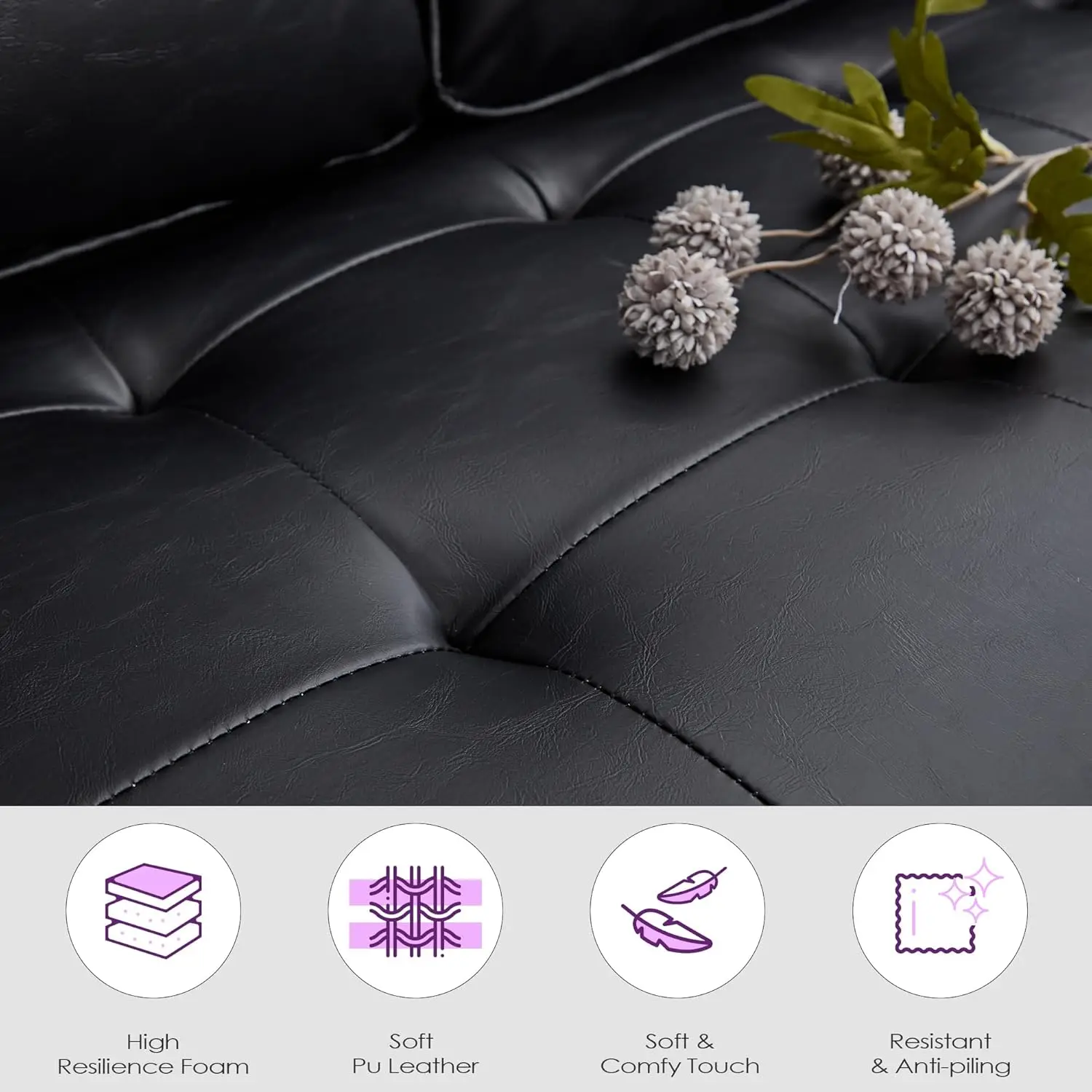 57" Small Black Faux Leather Sofa Couches f Mid-Century Modern Tufted Comfy Loveseat, 2 Seater Office Couch Love Seat