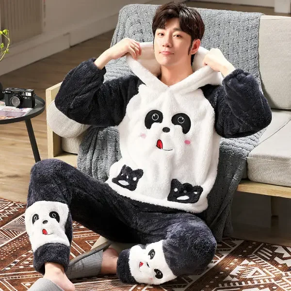 Men Winter Thickened Coral Fleece Pajamas Set Plush Hooded Home Suit Long Sleeve Cartoon Flannel plush pajamas pajamas set flannel pajamas set man pajamas set 2PCS Set Warm Nightwear 5XL