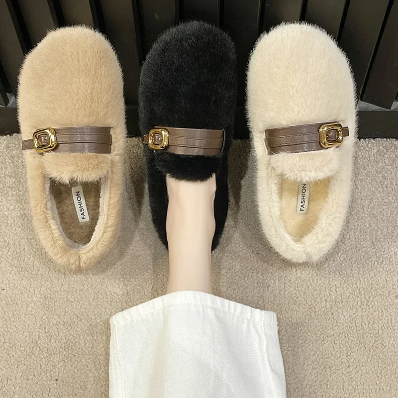 

Мокасины женские с круглым носком, повседневные Мягкие лоферы, без застежки, меховые Мокасины, без застежки, Осень-зима