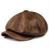 Retro Brown Hats Men Spring/Winter 100% Real Leather Warm Cap Male Beret Painter Boina Cowhide Octagonal Casquette High Quality 1