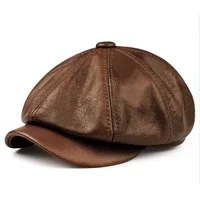 Retro Brown Hats Men Spring/Winter 100% Real Leather Warm Cap Male Beret Painter Boina Cowhide Octagonal Casquette High Quality 1