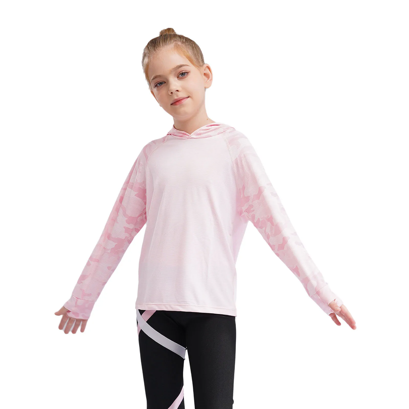 Kids Girls Camo Print Athletic Hoodie with Thumbholes Sweatshirt Quick Dry UPF 50+ Rash Guard Sun Shirt kids athletic hoodie